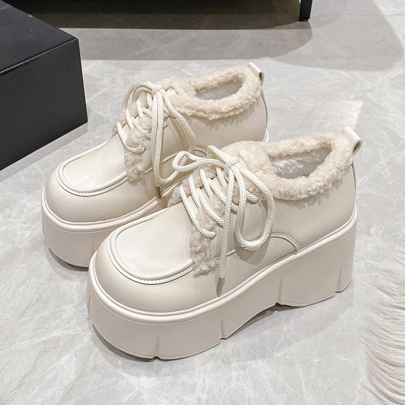 Fashion Women Warm Fur Snow Boots Winter Soft Leather Motorcycle Short Boots High Platform 9CM Ladies Chunky Plush Sneakers Botas Mujer