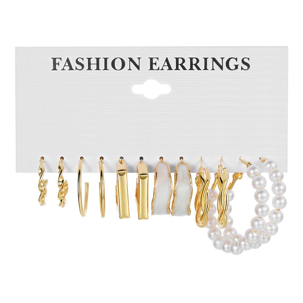 Alloy Ear Ring Square Geometric Shape Earrings Set - 6-piece Vintage Pearl Packaged Earrings Jewelry Set