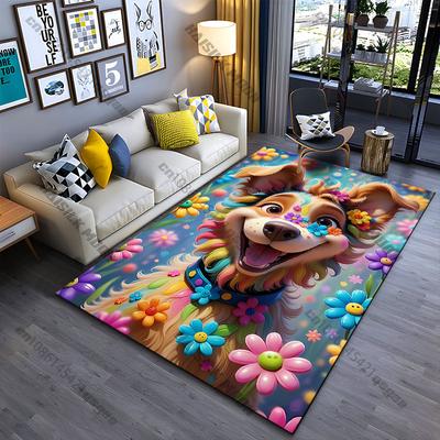 Joyful Colorful Dog with Flowers Carpet Yoga Living Room Room Decor Children's Crawling Mat Doormat Area Rug Games Mat