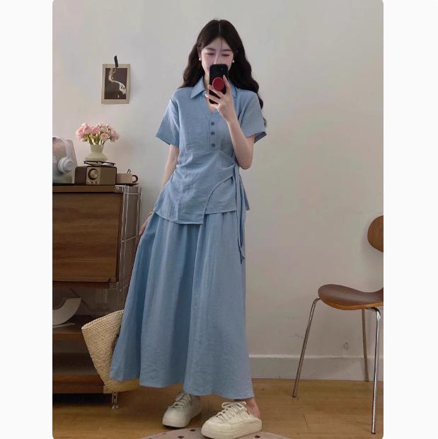 

2025 Summer Fashion Two-Piece: Short Sleeve Tee & A-line Midi Skirt for Teen Girls M (Recommended for 90-105 Jin) синій