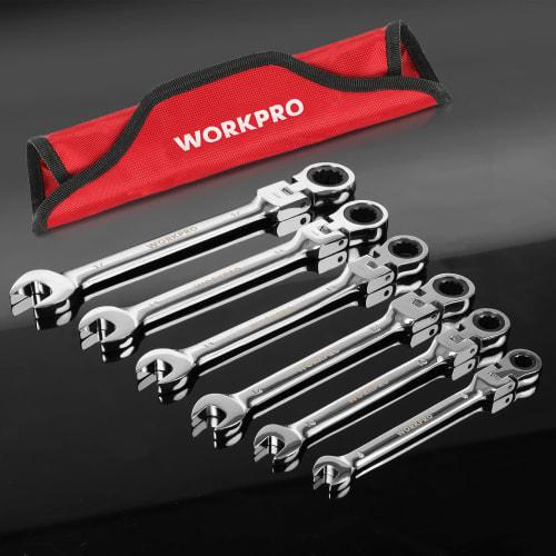 WORKPRO Flex Ratchet Wrench, Swivel Ratchet, Combination Wrench Set, Dual-Use Head Spanner Wrench, Adjustable Angle, 72 Gears, 6-Piece Set, for Automo
