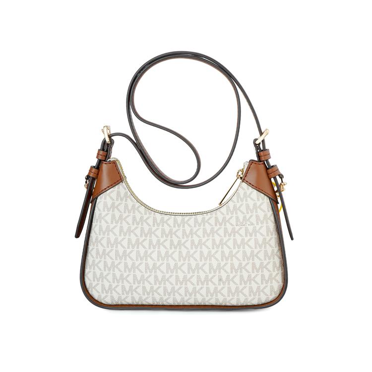 Michael Kors Mk Wilma Classic Monogram Logo Chain Zip Closure Coated Canvas Crossbody Bag Small Women crossbody bag Vanilla Brown 35H3G3WC5B-VANILLA