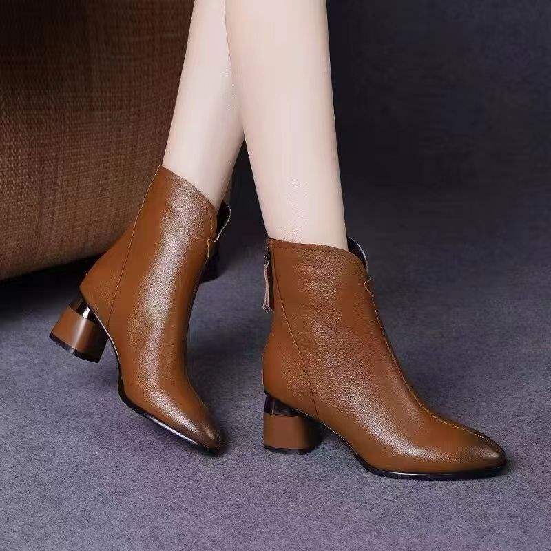 

Real soft leather Martin boots women s new small round head middle heel Maillard short boots women s thick heel soft leather soft sole women s boots 40
