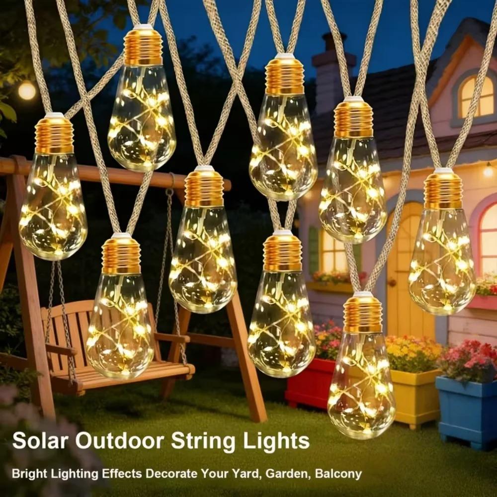 80LED Outdoor Garden Solar Light String, Bulb Hanging Retro Hemp Rope Light String, for Camping Courtyard Fence Garden