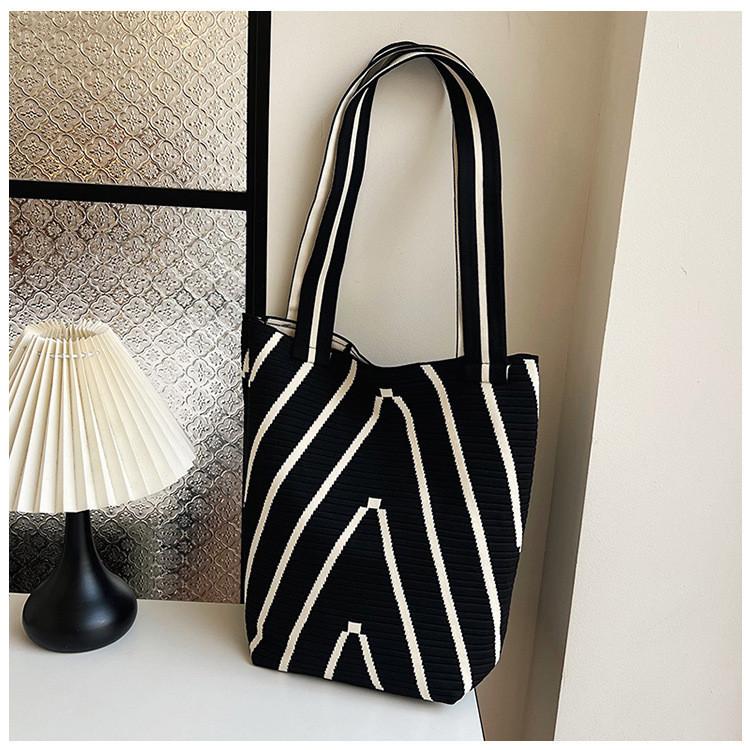 Stylish Korean Striped Knitted Women's Bucket Bag With Soft Fabric And Spacious Design