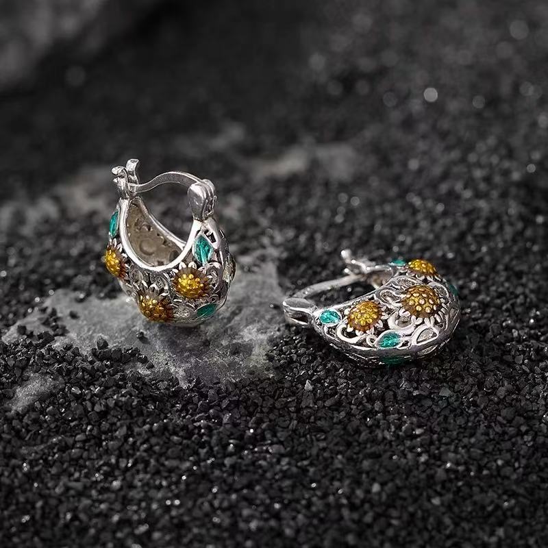 Ethnic Tibetan Sunflower Drip-Glaze Earrings, Retro Bohemian Style