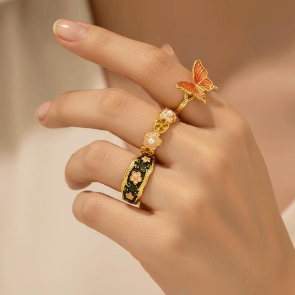 7Pcs/Set Camellia Flower Enamel Finger Rings Butterfly Irregular Rings Flower Ring Set  Jewelry