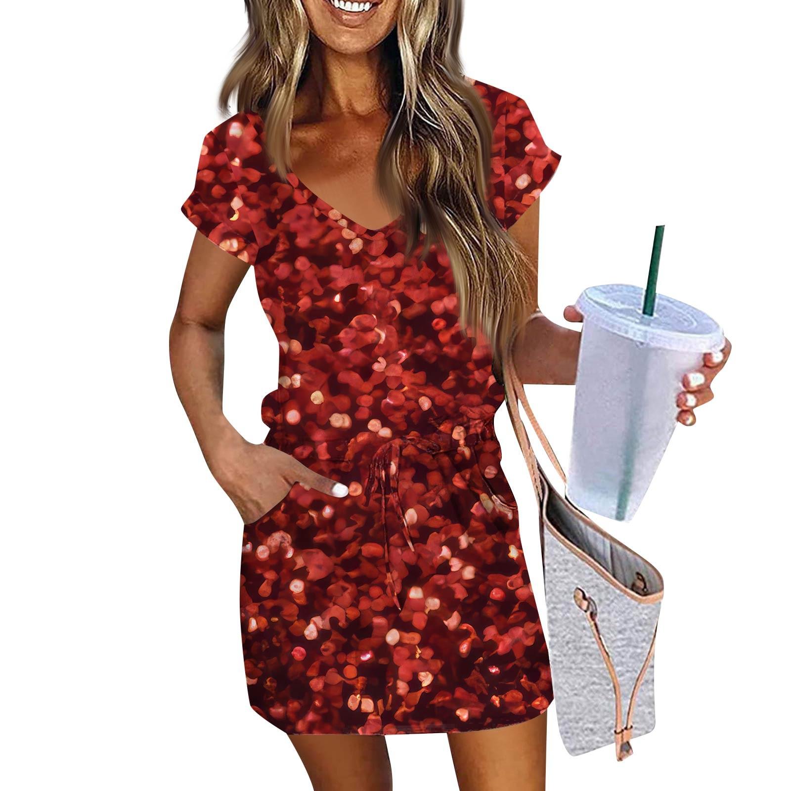 

Женские модные повседневные платья с V-образным вырезом и коротким рукавом, на завязках, с пайетками M красный