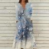 Women's Summer Casual V-Neck Button Vintage Floral Print Three-quarter Sleeve Long Dress With Pockets