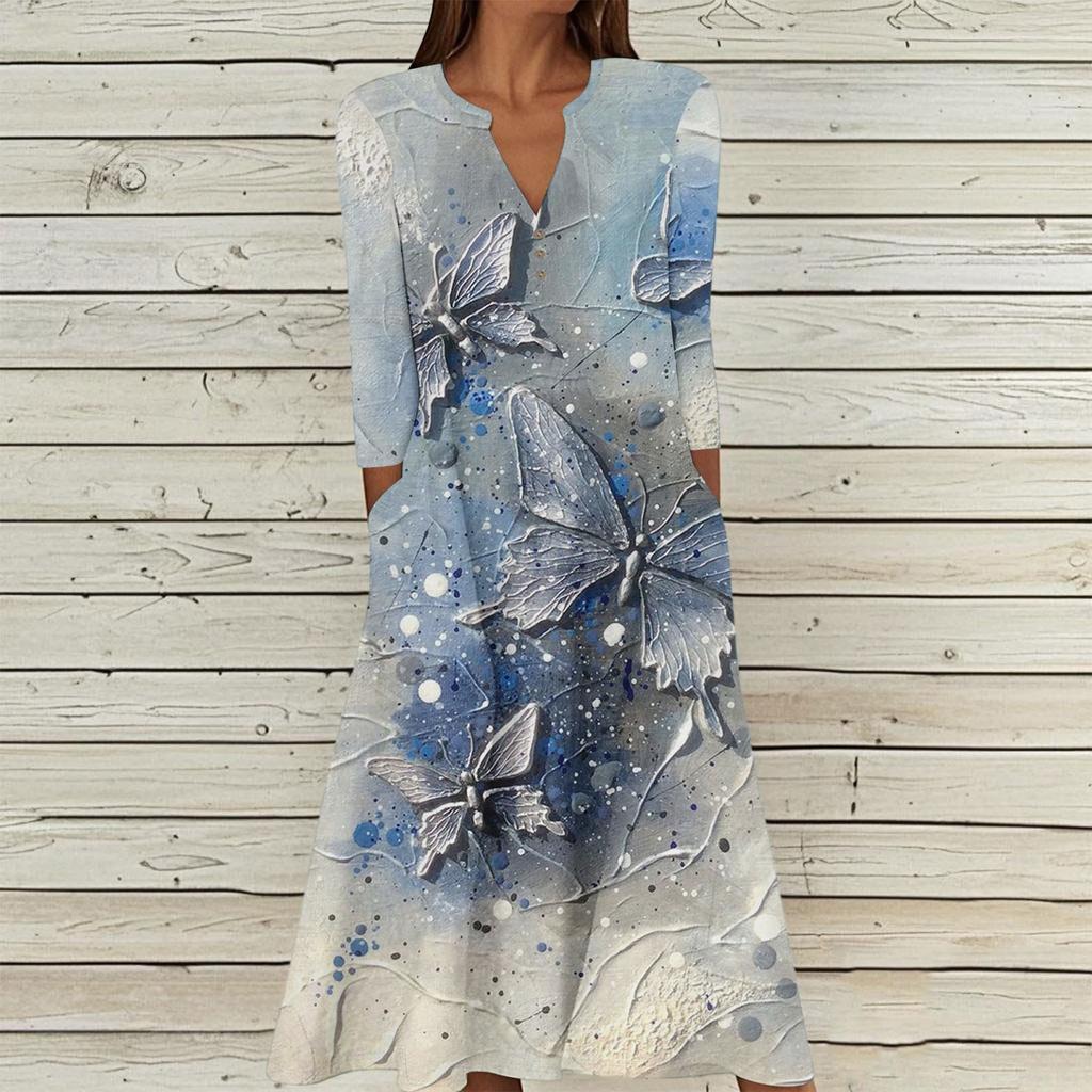 Women's Summer Casual V-Neck Button Vintage Floral Print Three-quarter Sleeve Long Dress With Pockets
