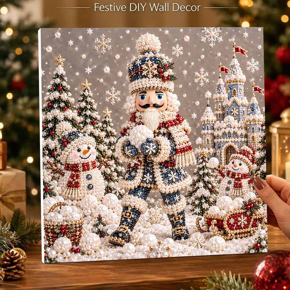 DIY Framed Pearl Painting Kit with Nutcracker and Snowmen Christmas Scene 5D Sparkling Bead Art Canvas Ready to Display Home Decor Gift Idea