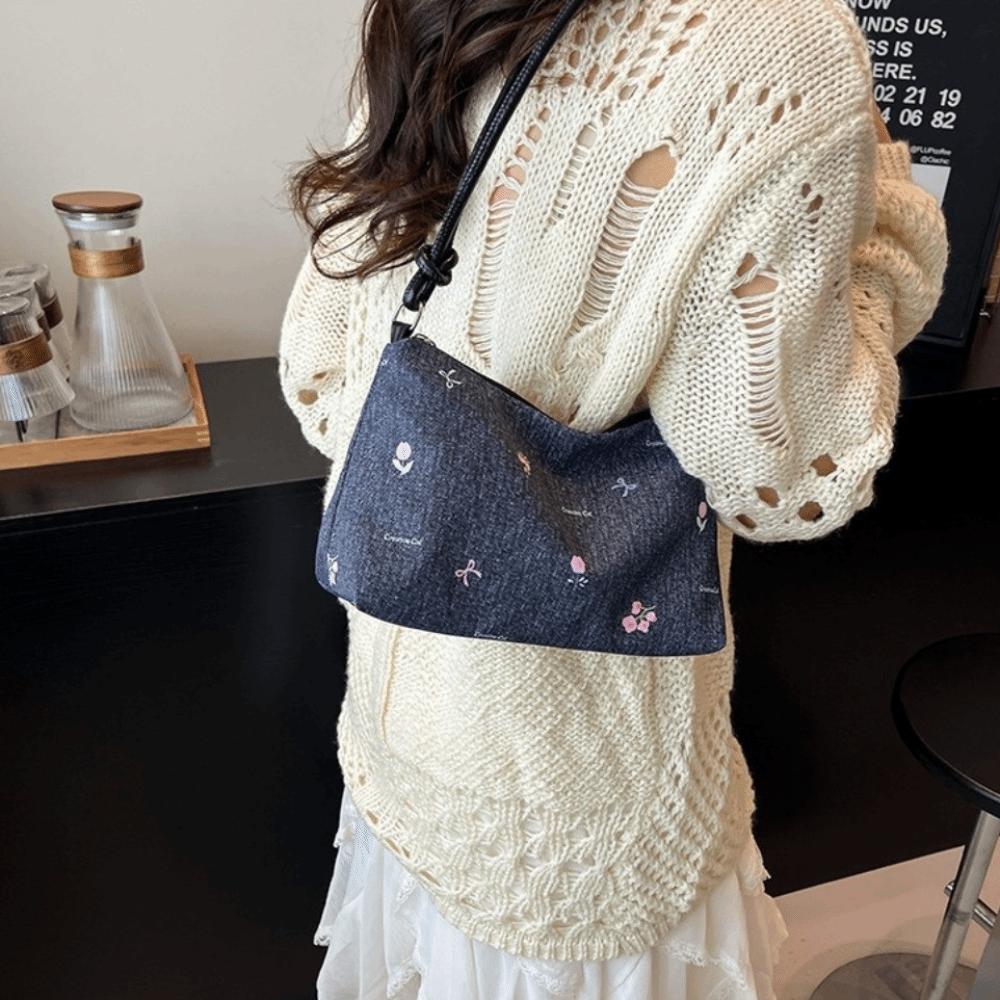 Blue Bow Underarm Bag Korean Women's Handbag Fashion Denim Shoulder Bag  Commuting