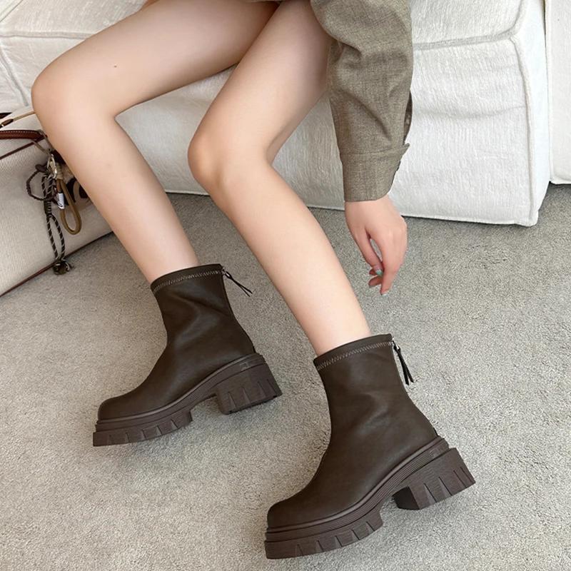 Street Style Women Stretch Modern Boots Fashion Platform Short Booties Ladies Elegant Thick Heel Shoes