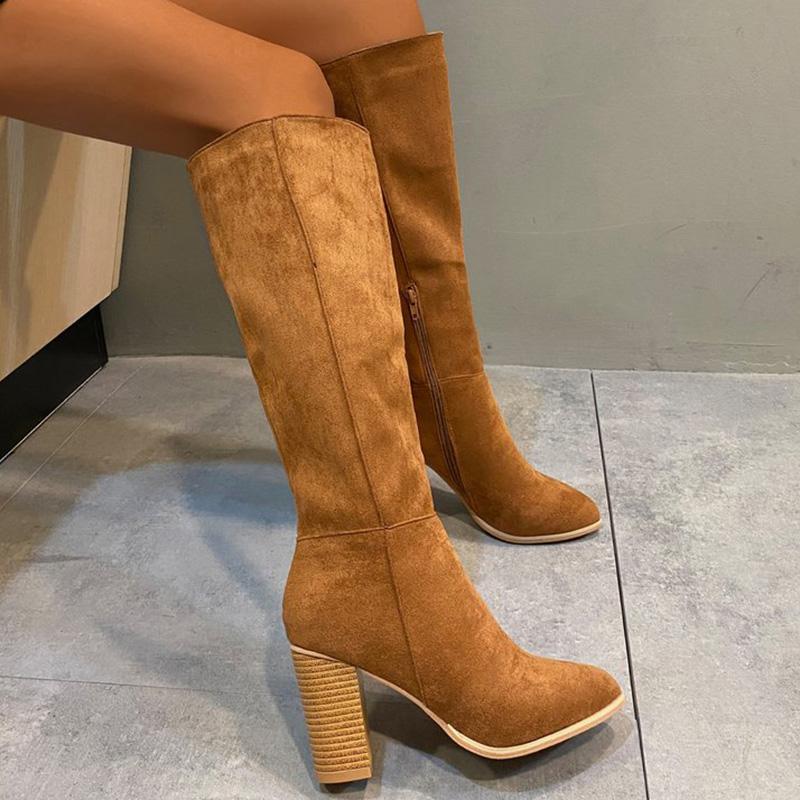 

Fashion Retro Zipper Plus Size High Heel Boots Women Autumn Winter Faux Suede Mid-Calf Boots Woman Solid Color Modern Booties Female 43