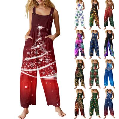 Macacão Casual Feminino de Natal Estampado Macacão de Algodão Estampado Sem Mangas