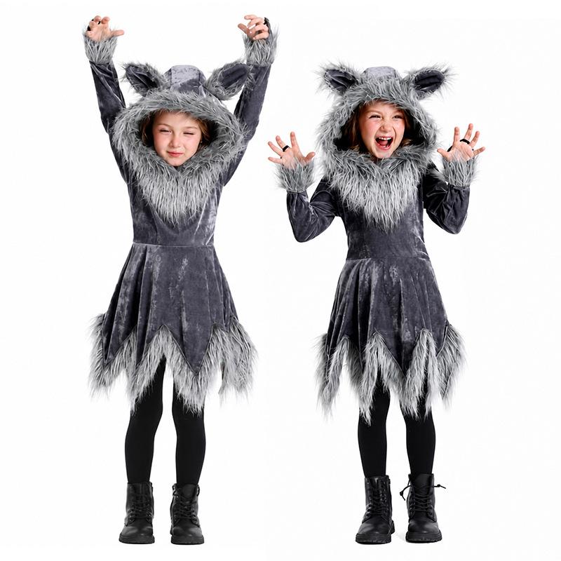 Halloween Grey Big Bad Wolf Parent-Child Costumes Adult Children Wolf Girl Animal Play Stage Performance Dress
