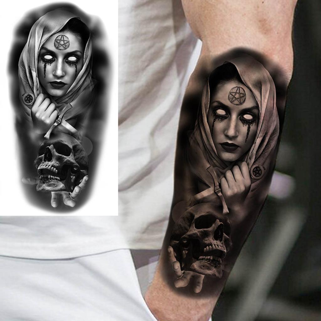 1 Sheet Lion Wolf Skeleton Nun Tiger Black Temporary Tattoos For Men Adult Leg Arm Compass Flower Fake Tattoo Sticker Waterproof
