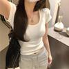 Summer U-neck short front shoulder short-sleeved T-shirt women's white showing thin collarbone design niche tight solid color top
