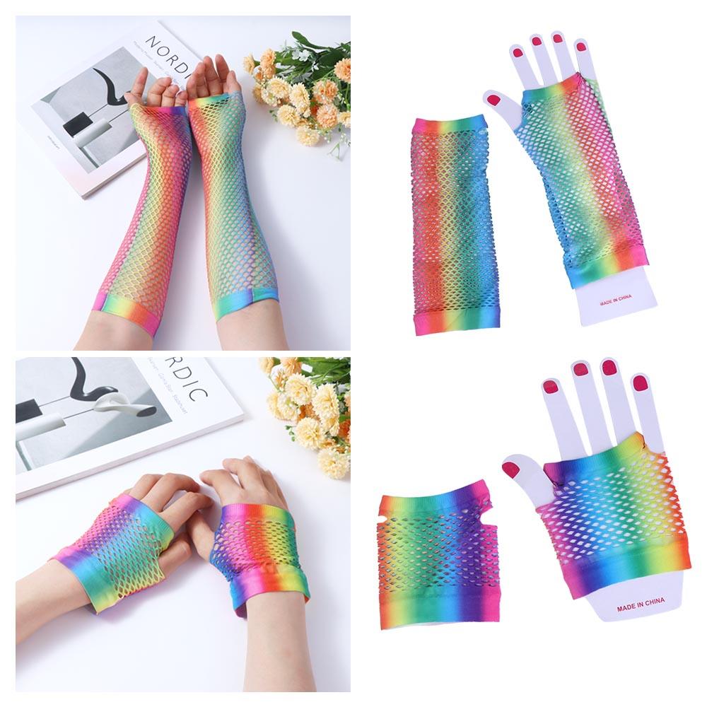 For Women Party Girl Long Half Finger Nylon Rainbow Color Gloves Arm Sleeves Fishing Net Gloves