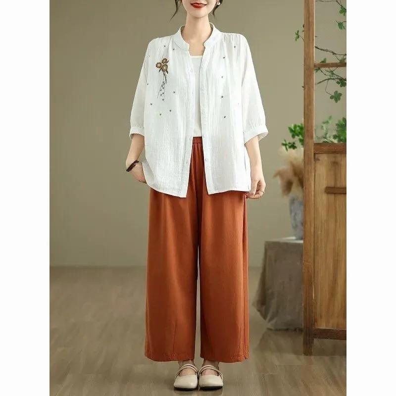 Cotton and Linen Literary Retro Embroidered Shirt for Women Summer New Style Mid-sleeve Loose Embroidered Shirt for Women