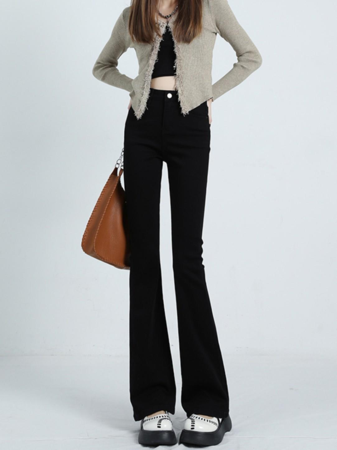 Women s Black High-Waist Micro-Flare Jeans - Slimming Retro Bell Bottoms for Spring and Autumn S чёрный