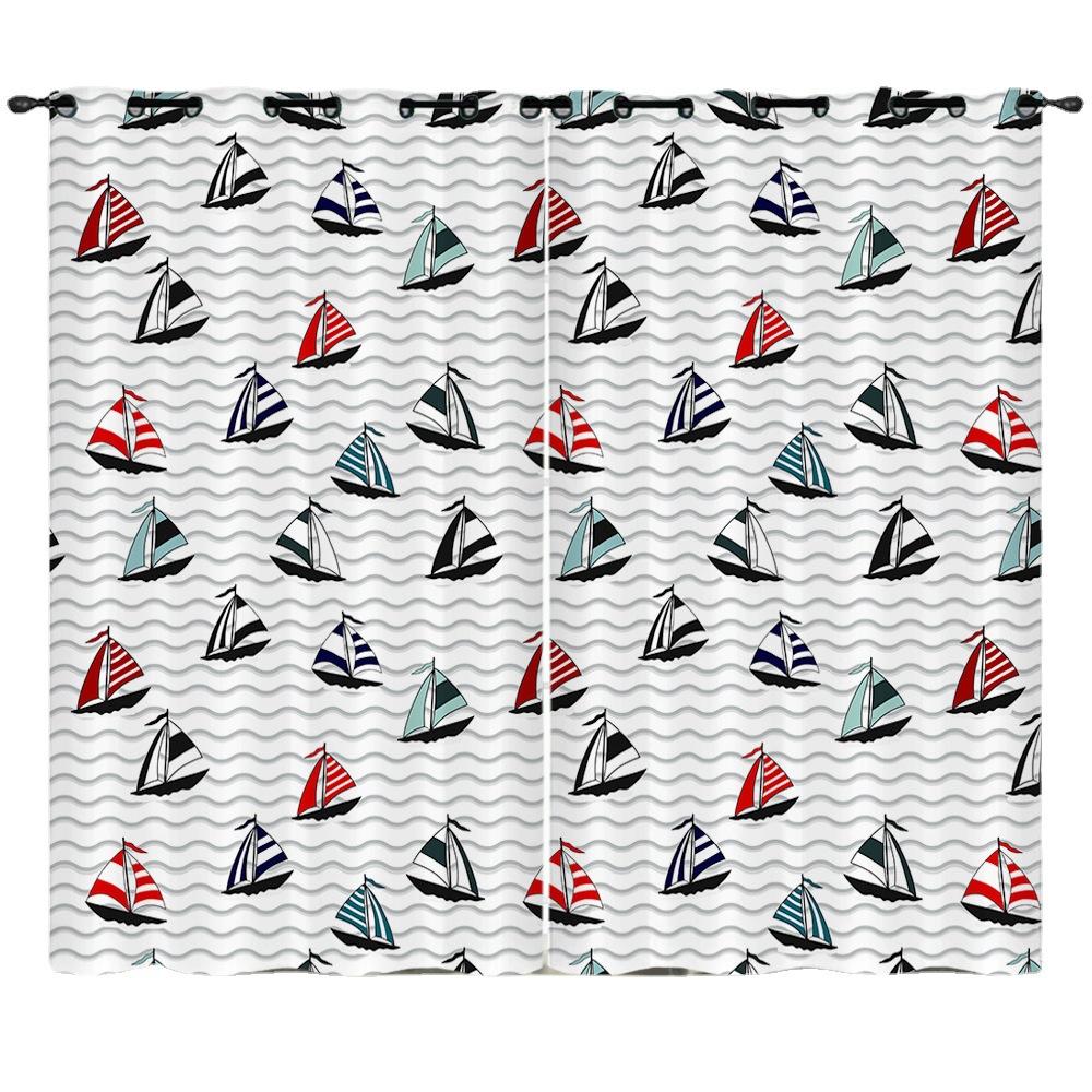 Curtains Cartoon Sailing Digital Printing Blackout Curtains Bedroom No Punching