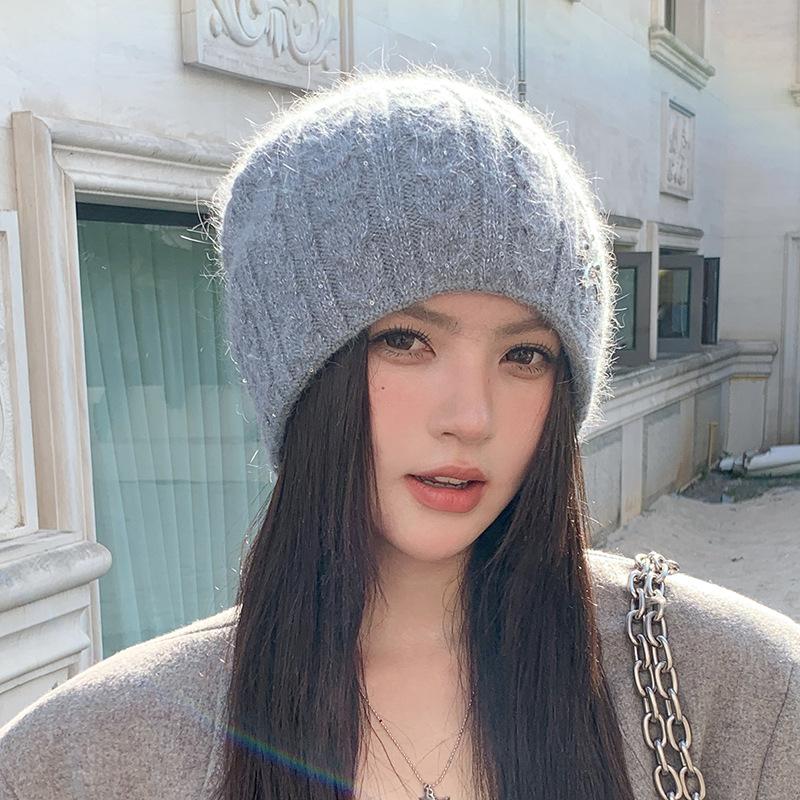 Rabbit Fur Knitted Hat Women's Autumn and Winter Thickened Cold-proof Ear Protection Hat, Wool Hat After Keeping Warm