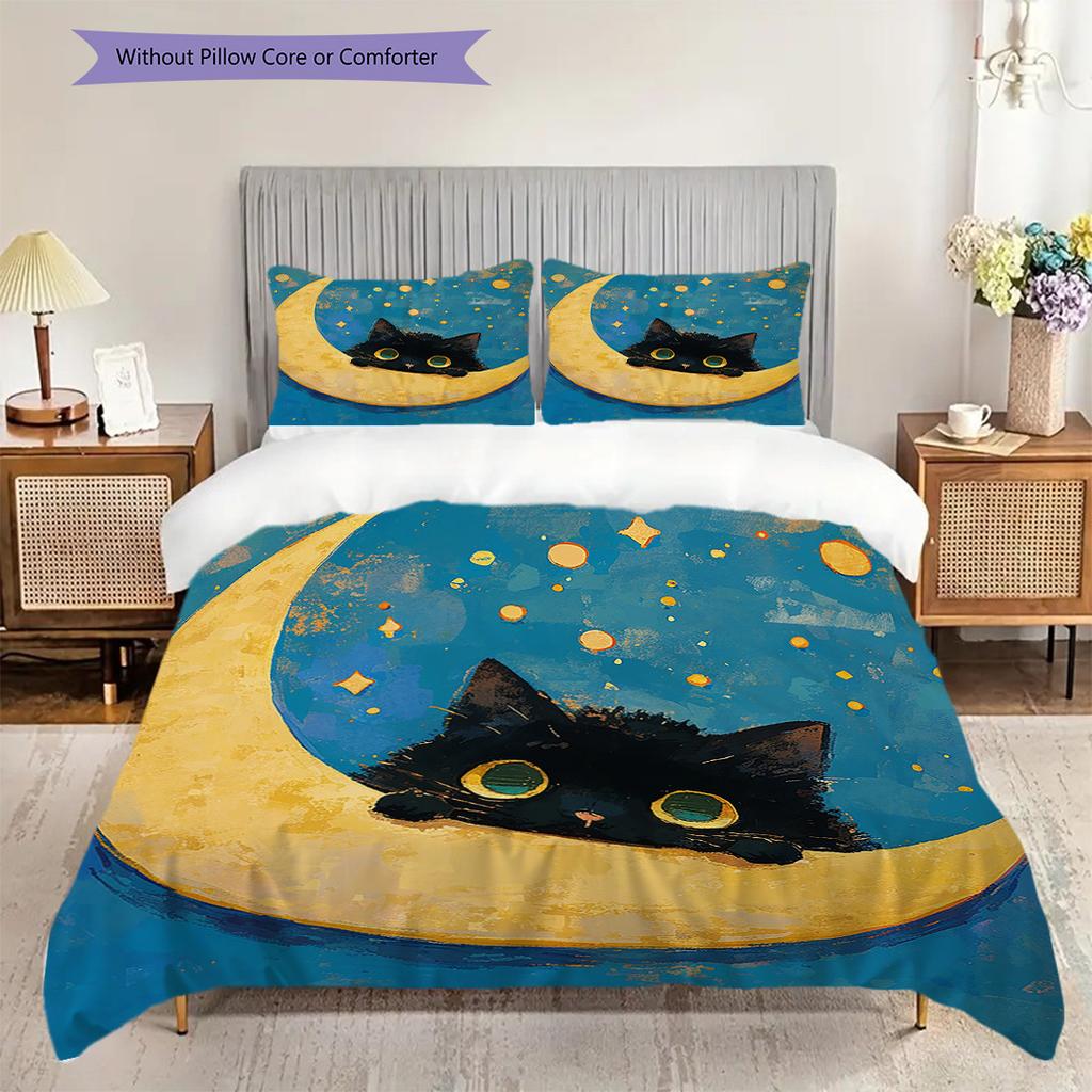 Black Cat Pattern Bedding Quilt Set Quilt Cover Pillowcase Home Decoration Birthday Gift (1 * duvet cover + 2 * pillowcase, without core)