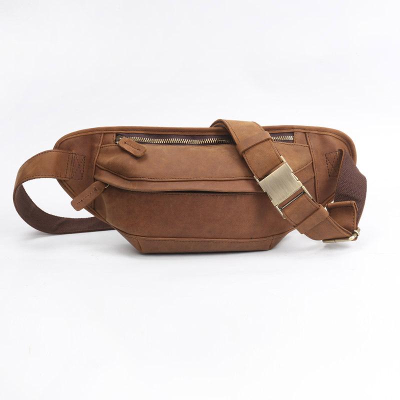 Genuine Leather Men's Waist Bag, Crazy Horse Leather Men's Head Cover Layer, Cowhide Small Chest Bag, Crossbody Sports Phone Bag