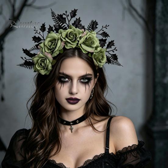 Fascia Nera con Testa di Rosa per Halloween, Fascia, Ghirlanda di Fiori e Foglie Cerchietti per Capelli Fasce, Accessori Gotici Donna Copricapo Fascia per Capelli Cosplay Festa Vestito