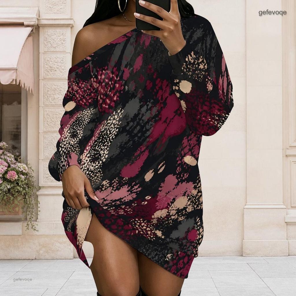 Women Plus Size Off Shoulder Long Sleeve Geometric Print Loose Tunic Dress