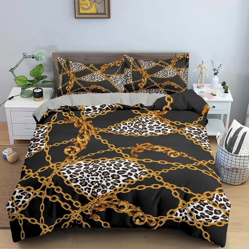 Goldketten Bettbezug Leopardenmuster Bettwäscheset Bettdeckenbezüge für Schlafzimmer Einzel- Kingsize Weicher Steppdeckenbezug Heimtextil