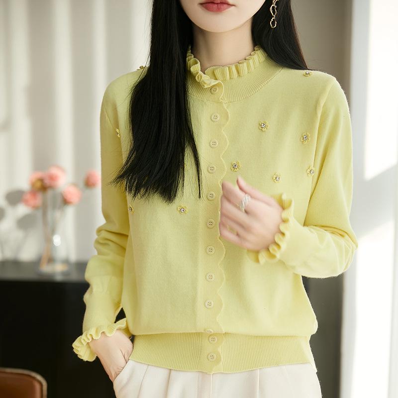2026 Spring Women's Knitwear: Lace Ruffle Collar Cardigan Sweater, Button-Up Coat, Korean Style