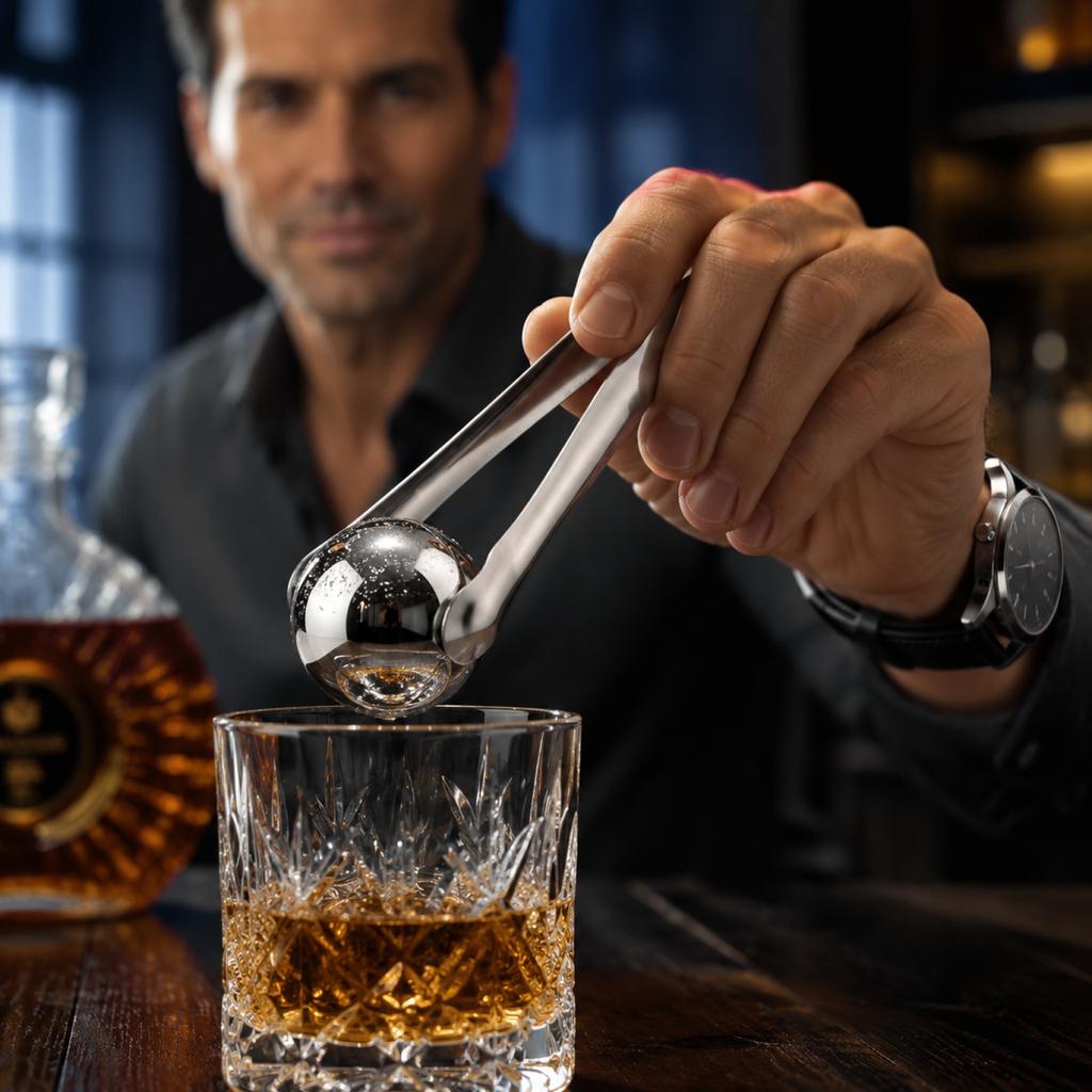 304 Stainless Steel Whiskey Ice Balls Set with Freezing Tray and Tongs Reusable Ice Cubes for Chilling Drinks Without Dilution
