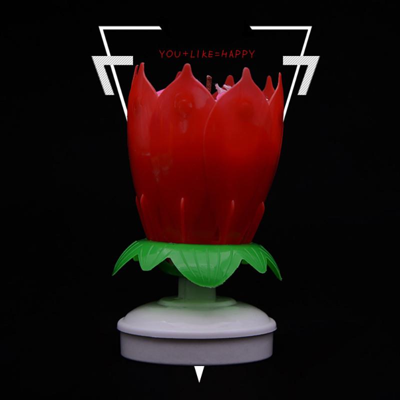 Musical Birthday Cake Candle Double Layer Lotus Flower Opening Rotating Candle For Birthday Cakes