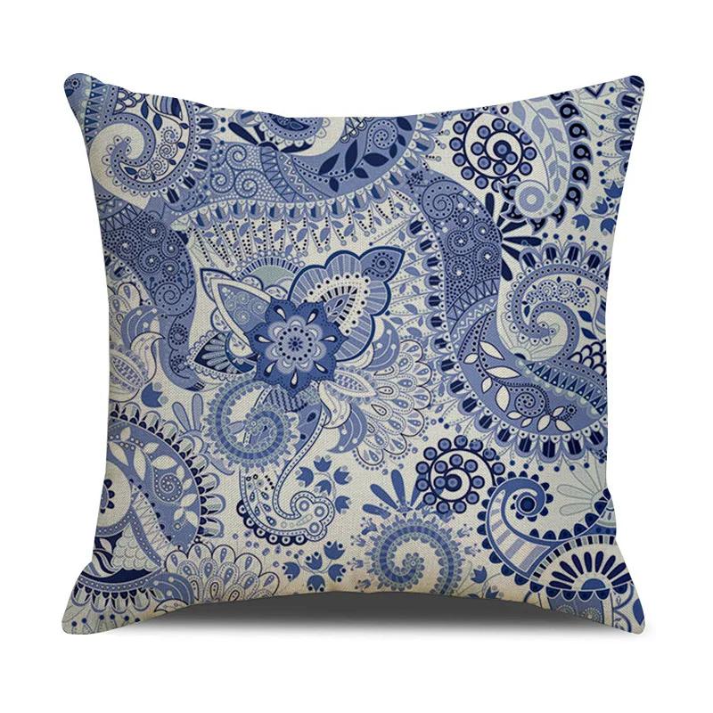Chinese retro style blue and white ceramic printed fabric linen cotton throw pillow wrapped sofa home decoration pillow