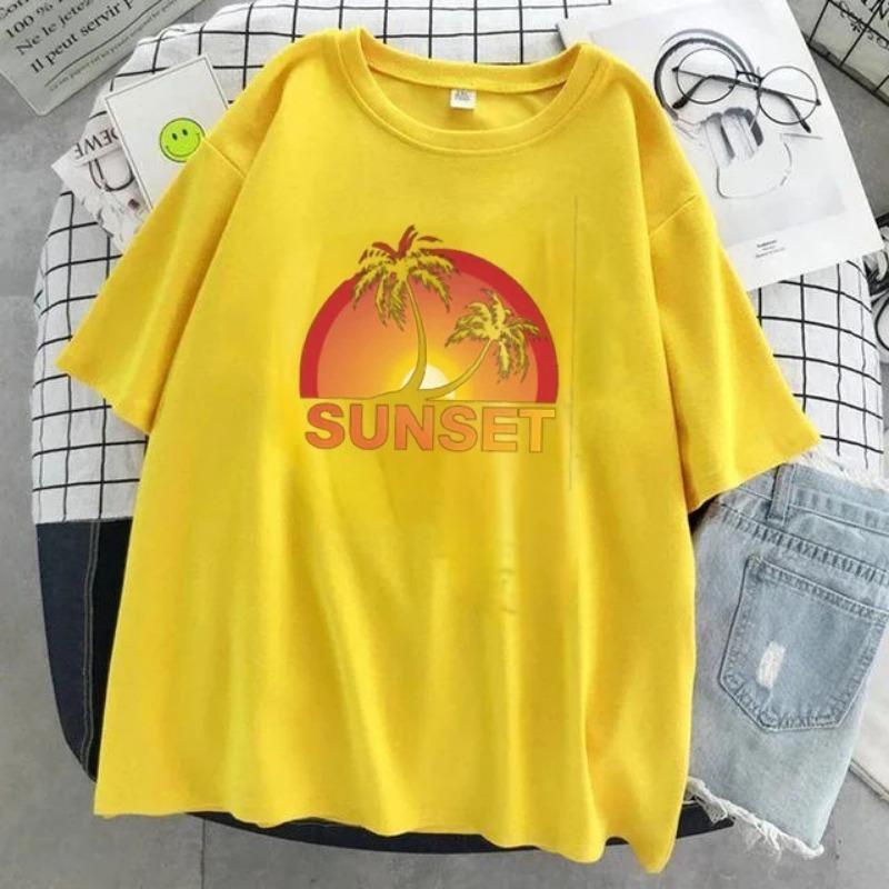 Summer Sunset Pattern Printed Cotton Short Sleeve T-shirt for Women Round Neck Top T-Shirts Women’s
