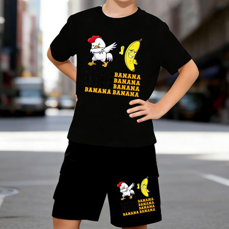 

Boys 2 Piece Funny Meme Chicken & Banana Printed Outfit, Short Sleeve T-Shirt and Shorts Set for Kids Age 5-14,White Sporty Casual Summer Clothes 5-6 Years чёрный