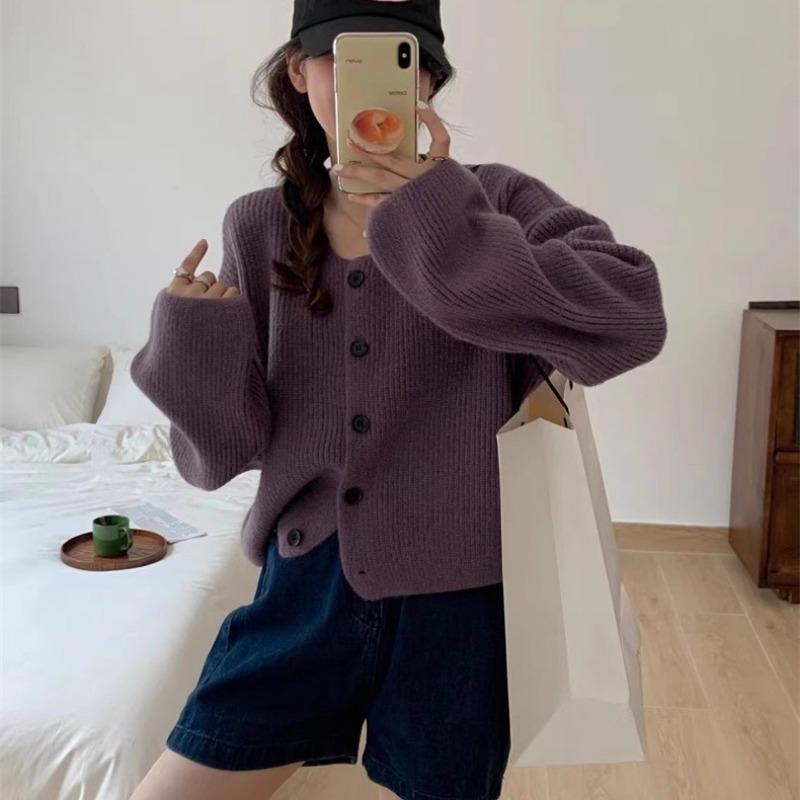 Autumn and winter new retro loose lazy wind knitted cardigan top women's solid color temperament versatile sweater jacket