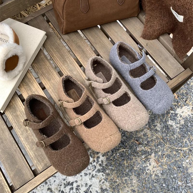 Fashion IPPEUM Women Mary Janes Shoes Winter Ballet Flats Plush Buckle Ballerinas Zapatos Mujer