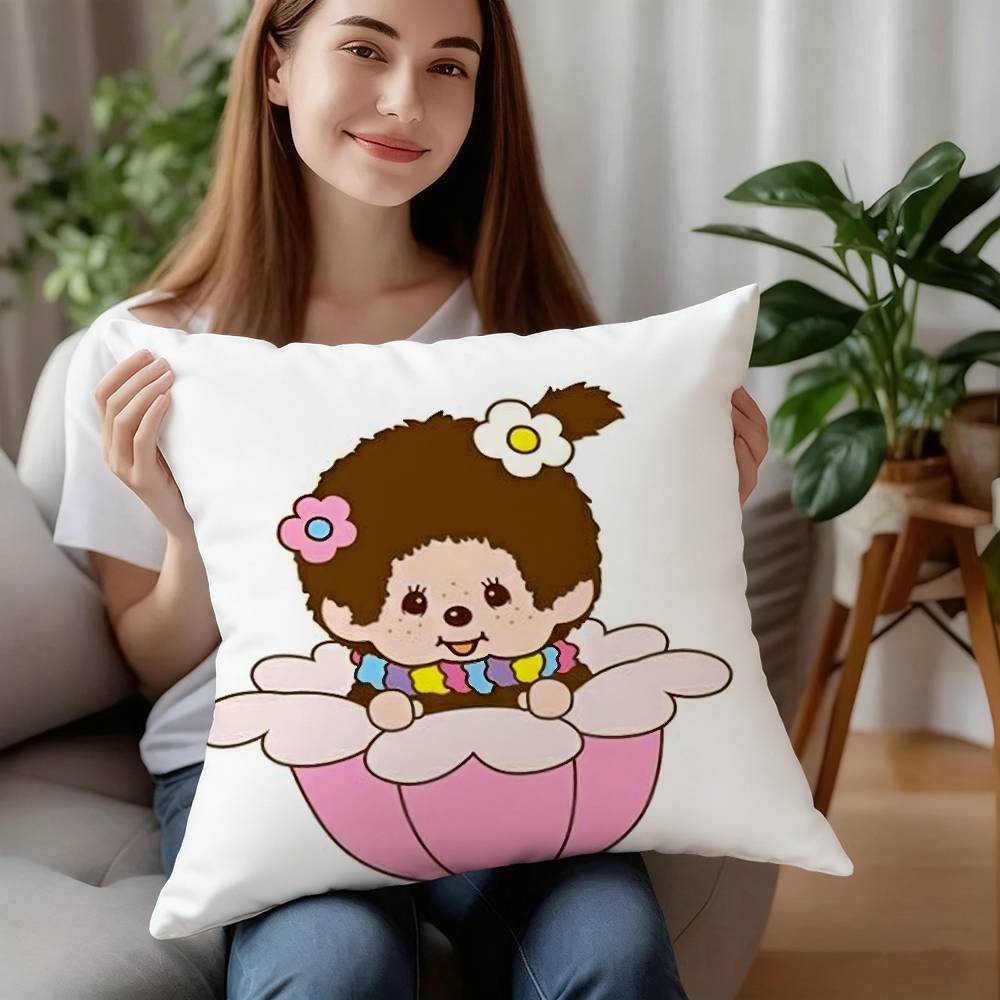 Federa Cuscino Cartone Animato M-Monchhichis Tessuto Peluche Morbida Federa Stampa Fronte/Retro Copricuscino Regali per la Casa