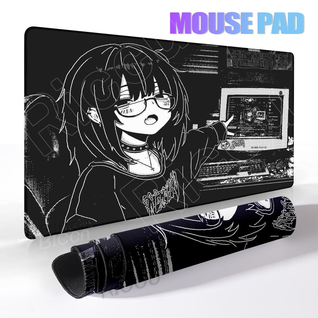 Podložka pod myš pro anime dívku XXL Pixel Černobílá Podložka pod myš Dekorace stolu Podložka na klávesnici Kancelářské potřeby XXL Podložka na PC stůl E-sportový koberec