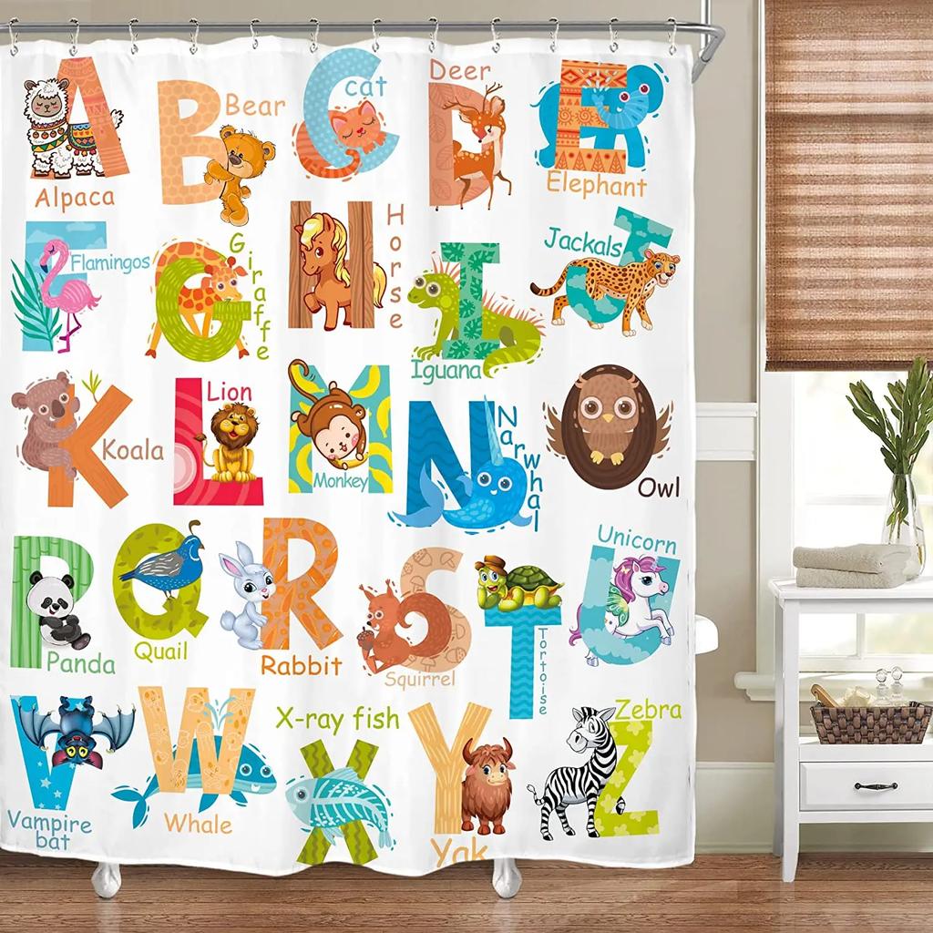 Kids Alphabet Shower Curtains For Bathroom Decor Abc Educational Learning Tool Baby Cartoon Animals Colorful Girls Boys Printed