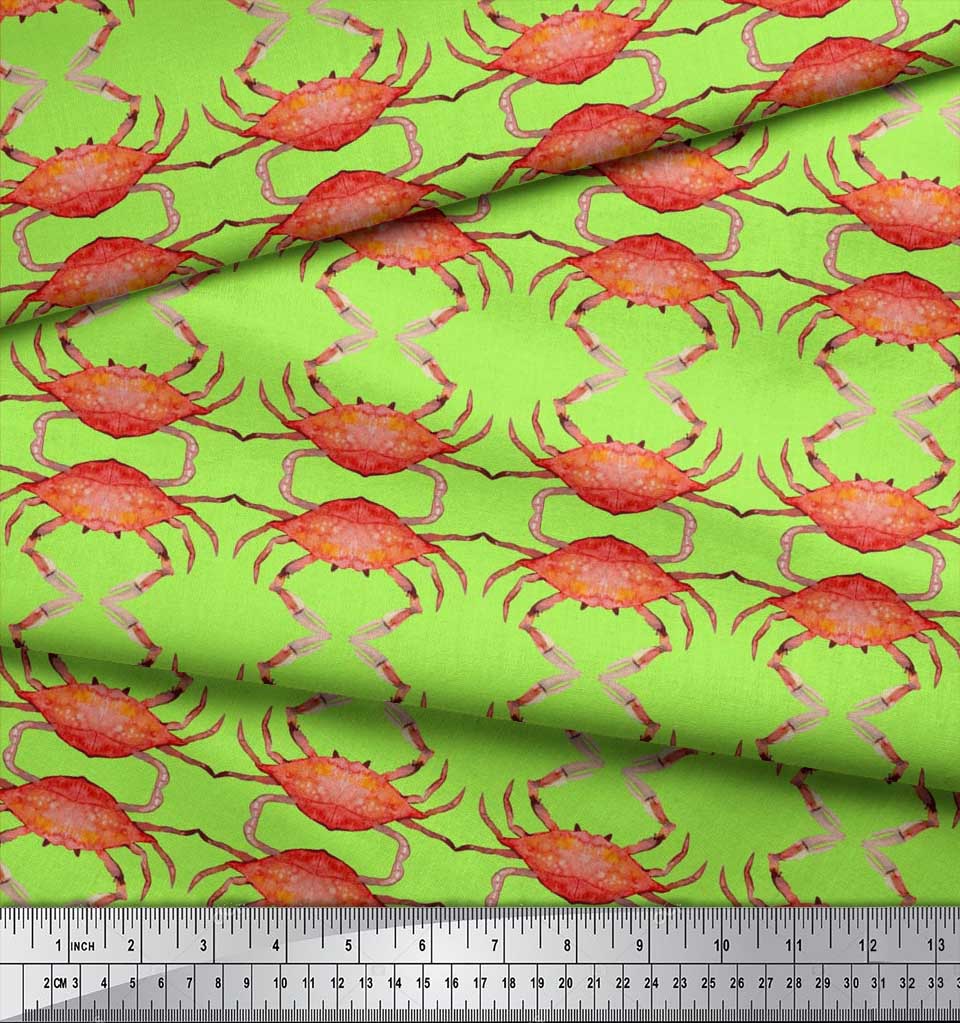 Soimoi Beige Japan Crepe Satin Fabric Crabs Ocean Print Fabric by the metre 42 Inch
