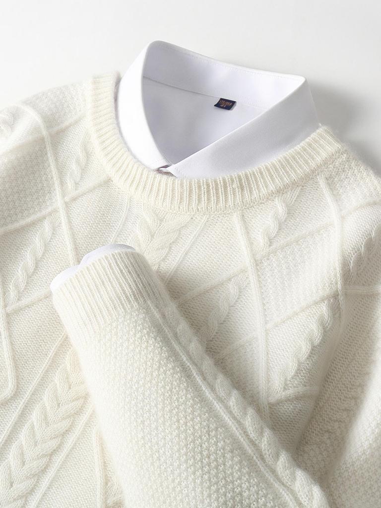 Men's British Style 100% Wool Sweater, Round Neck, 3D Cable Knit, Loose Fit, Five-Needle Thickened Casual Base Layer.