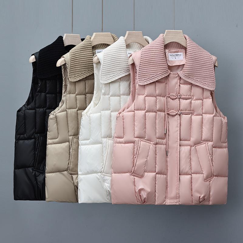 

Korean Style Women s Knitted Frog Button Lapel Cotton Vest - Short Sleeveless Patchwork Gilet for Autumn/Winter M [Recommended for 90-115 lbs] хаки