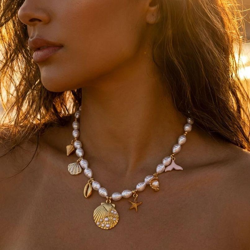 Bohemia Conch Starfish Imitation Pearl Necklace for Women Luxury Love Heart Shape Pendant Choker Beach Party Holiday Jewelry