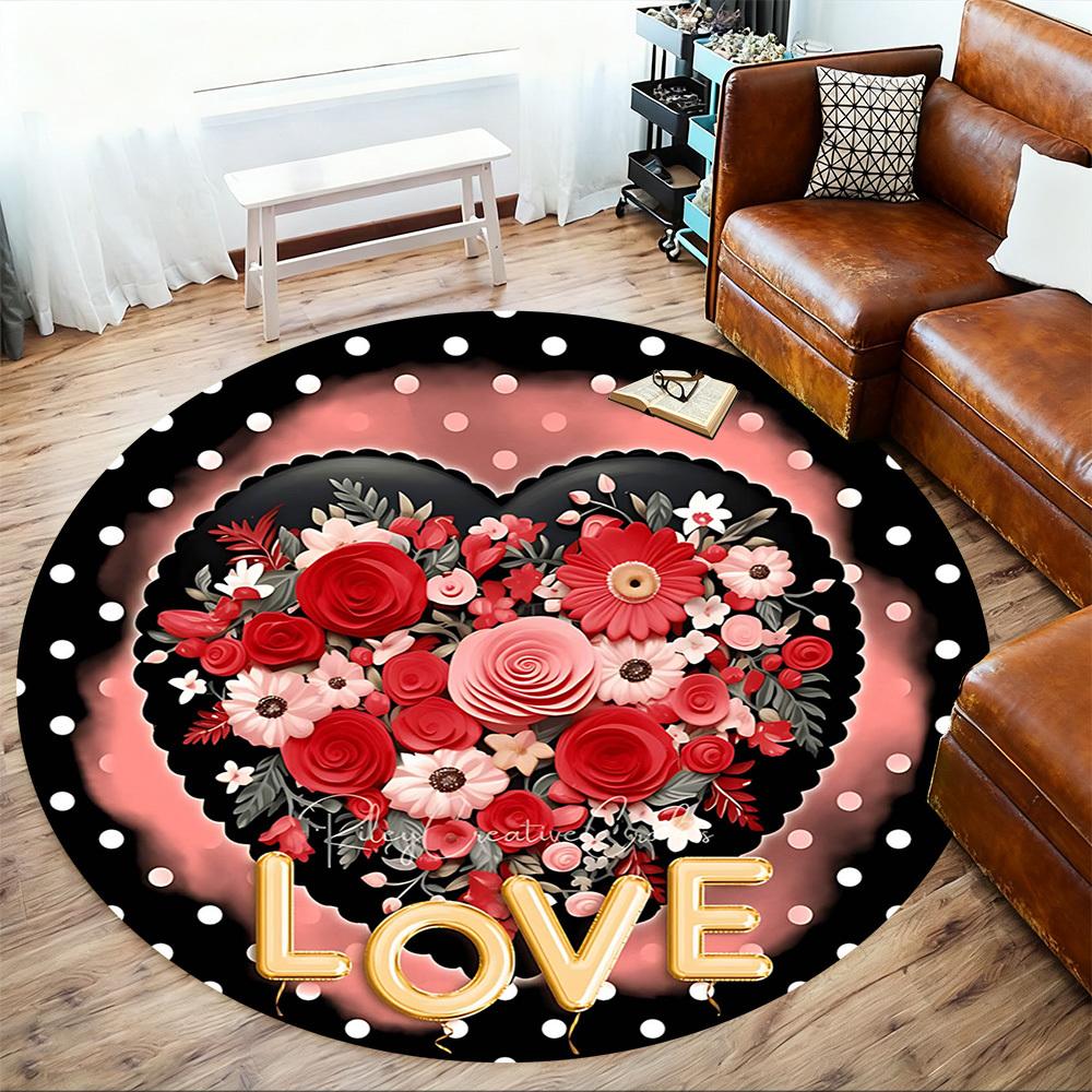 1pc Floral Love Round Chair Mat Area Rug - Non-Slip, Floor Mat for Office, Bedroom, and Indoor Decor -1002239