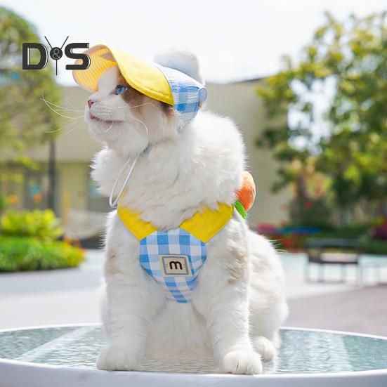 Conjunto de 3 peças para filhotes de verão, chapéu de sol ajustável, arnês e guia com decoração de pelúcia de desenho animado para gatos e cães de pequeno e médio porte