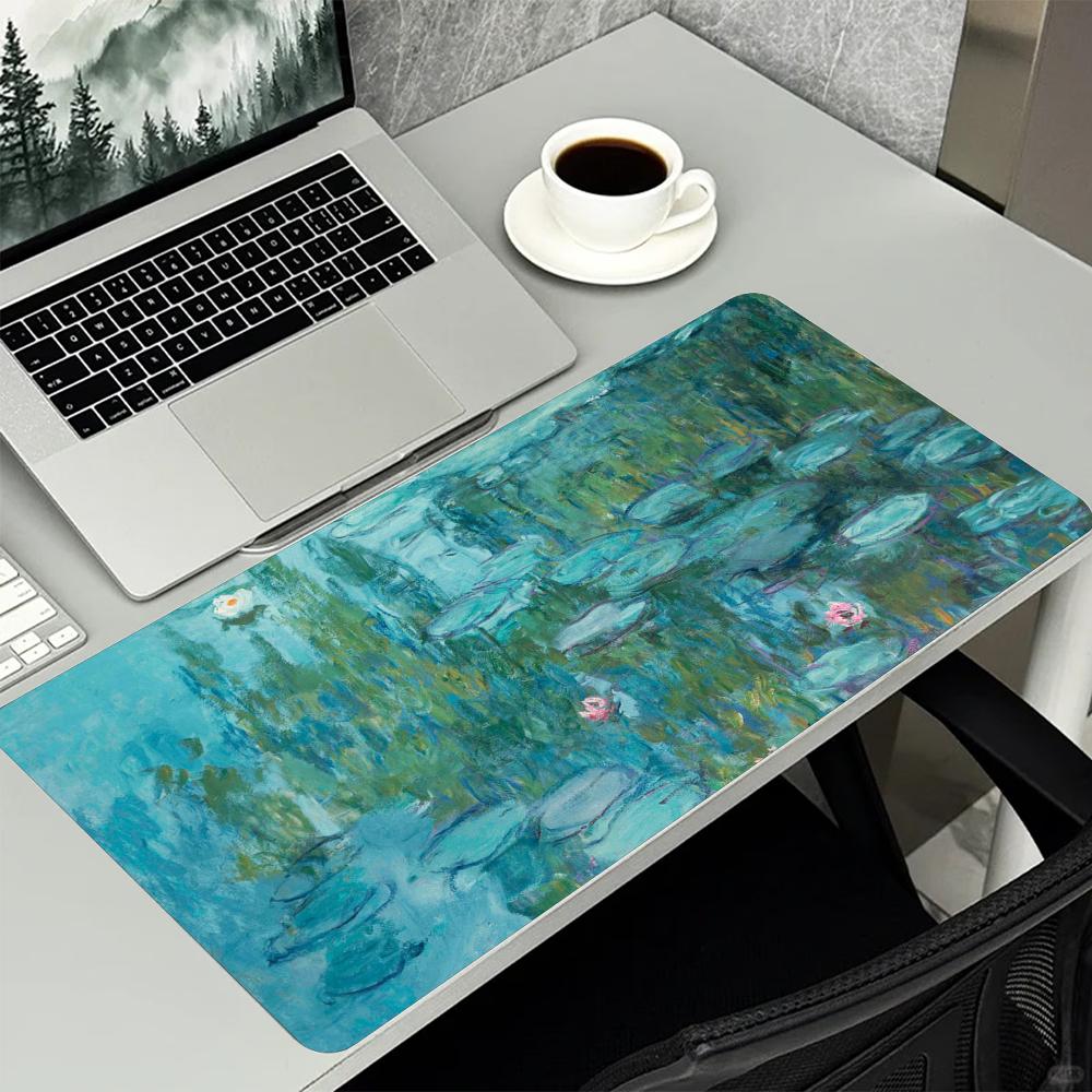 Large Mouse Pad Monet Water Lilies Print Stitched Edge AntiSlip Rubber Desk Mat For Gaming Working Home Office Laptop Use